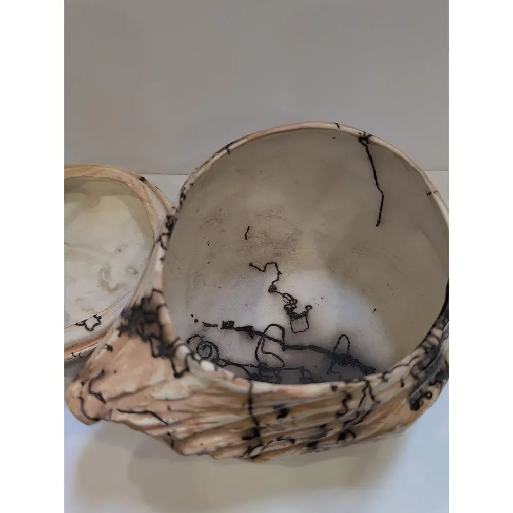 Vtg Art Pottery Horsehair‎ Bowl Log W/ Gray Wolves On Lid Signed 8 Inch